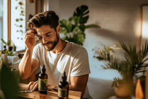 Guy using his batana hair oil