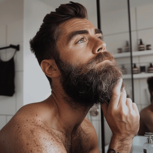 man doing his beard care routine