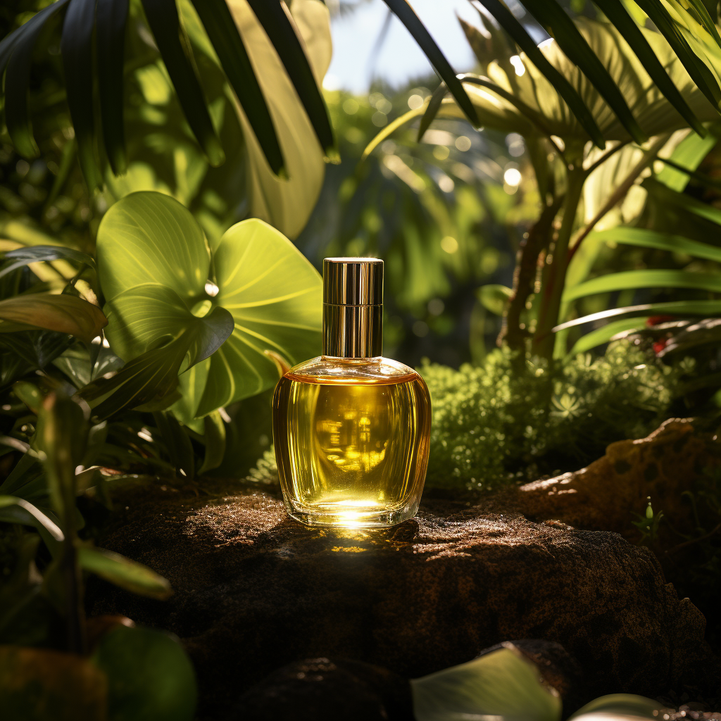 Batana oil bottle amid tropical foliage