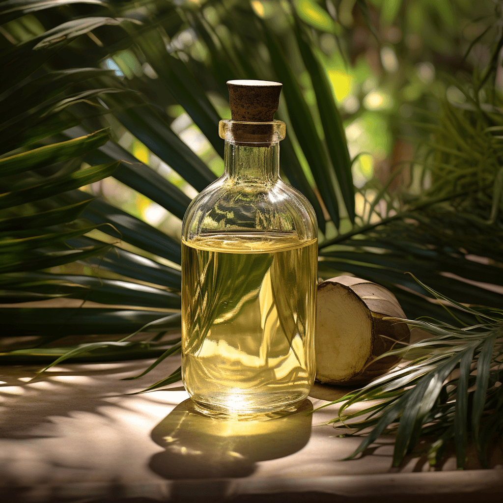 Batana oil bottle with palm leaves