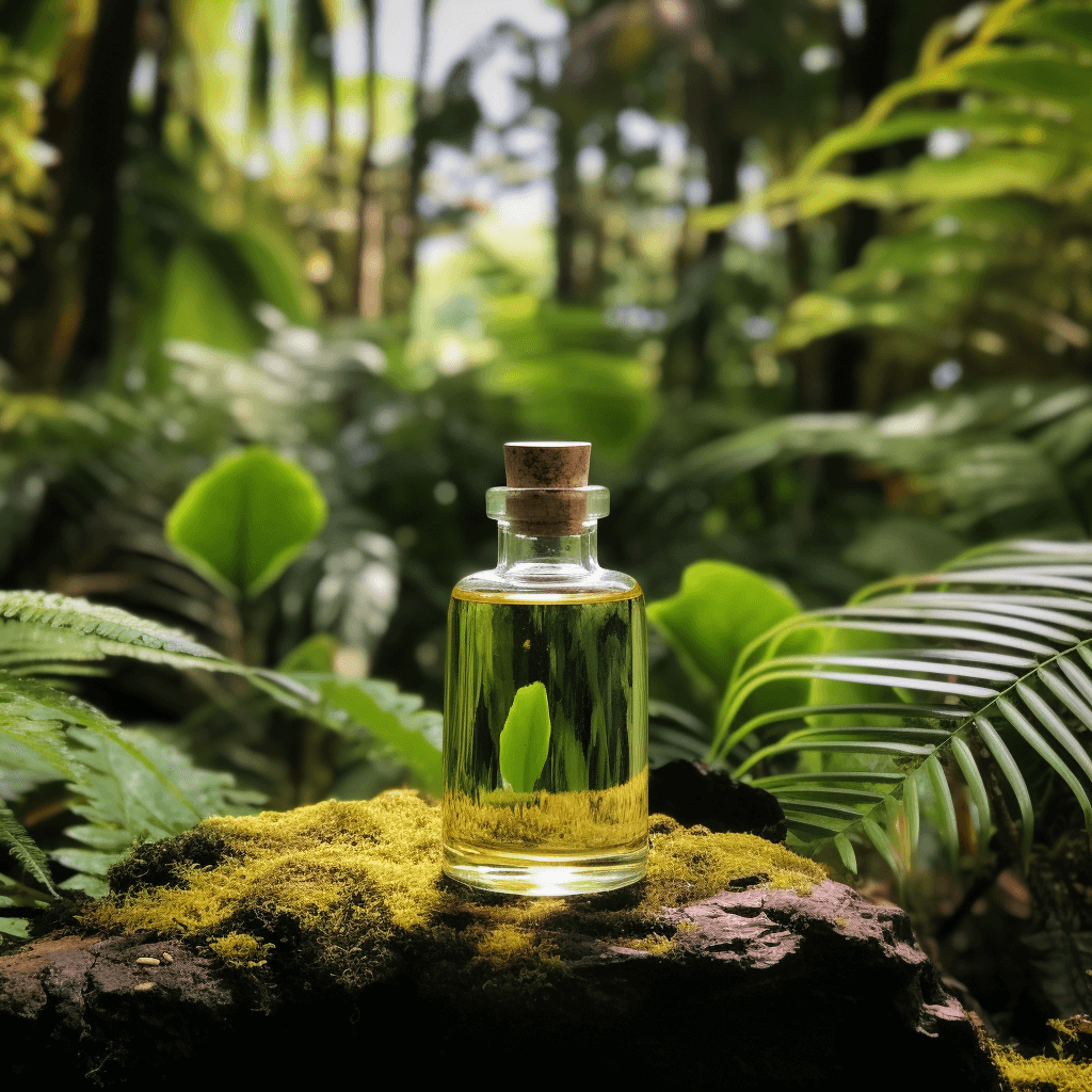 bottle of batana oil in a forest