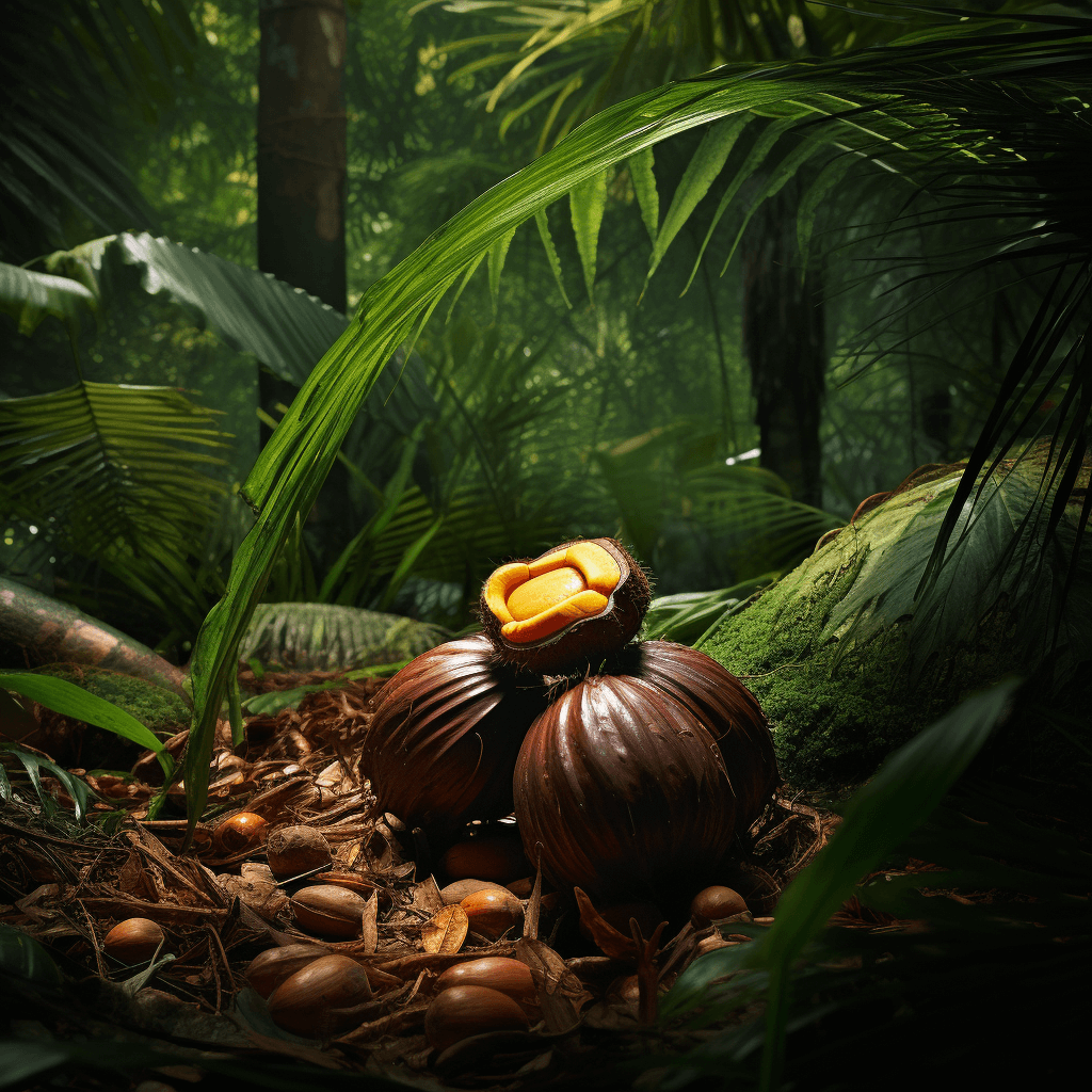 Golden batana nut in lush foliage.