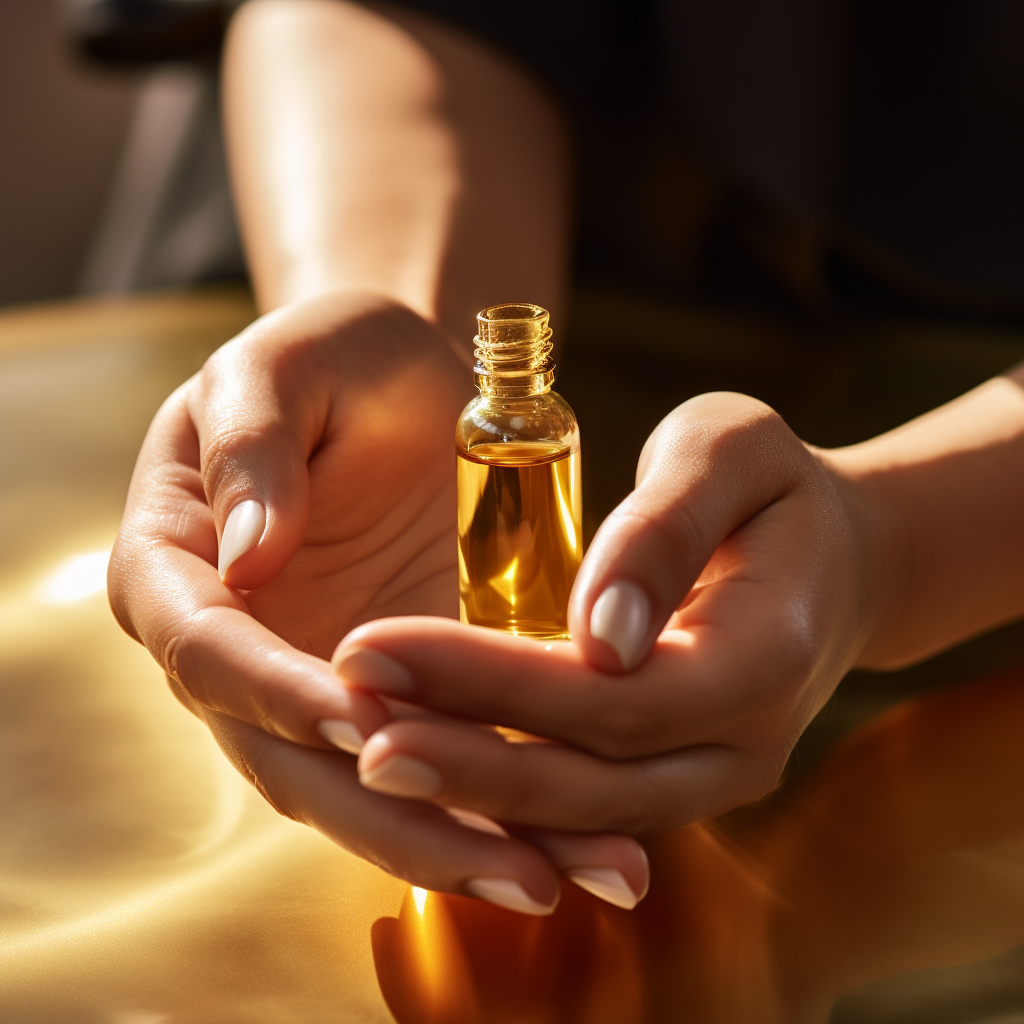 Hands applying batana oil on skin.