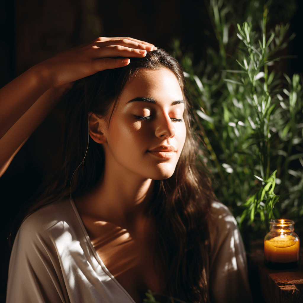 Woman applying batana oil to hair.