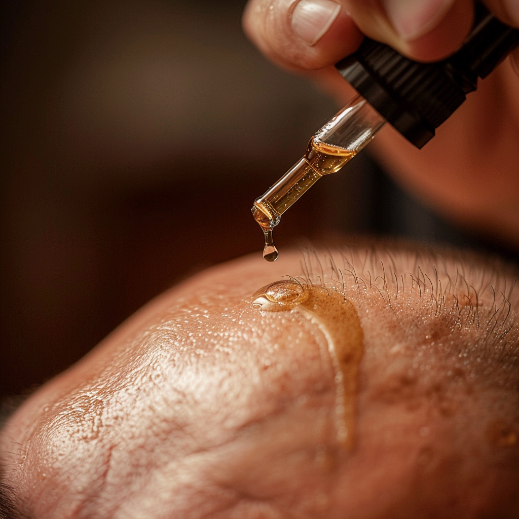 bald individual using batana oil on scalp