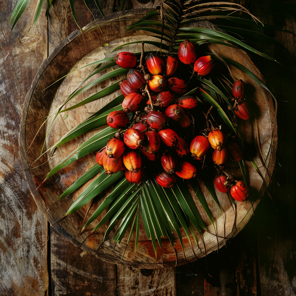 reshly picked American oil palm fruit on top of a wooden table