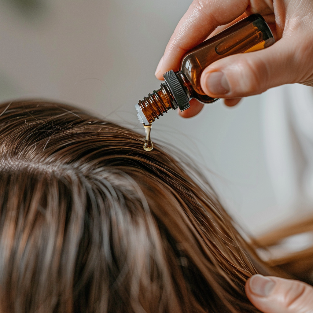 ndividual using a bottle of essential oil on their hair