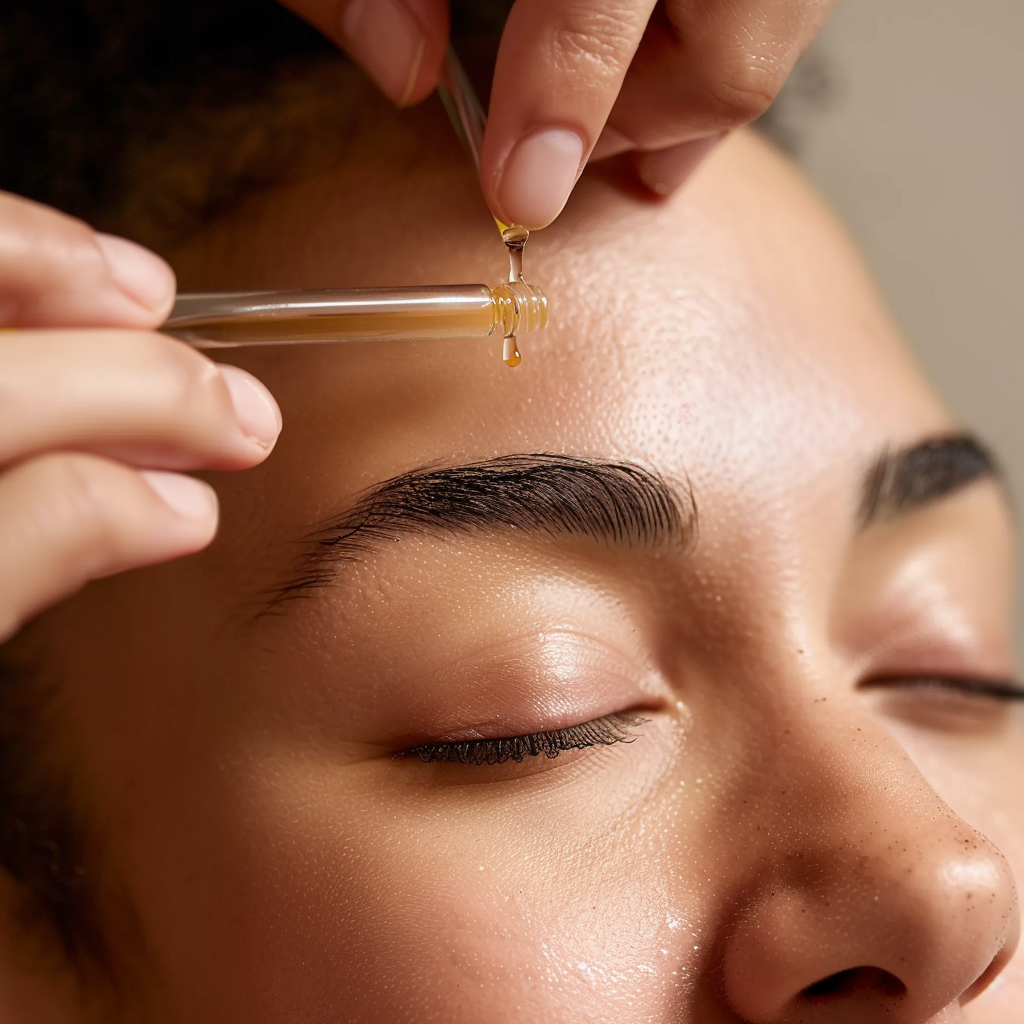 Applying batana oil to eyebrows