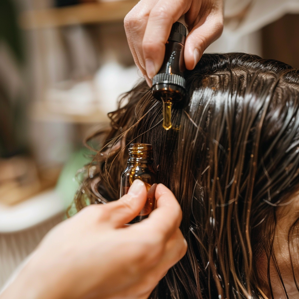 A person applying batana oil to hair