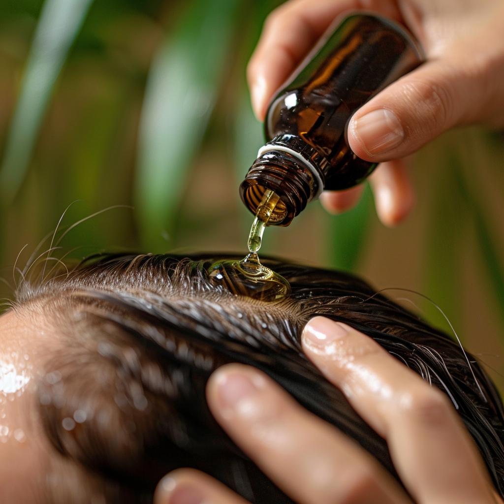 A person applying batana oil to scalp